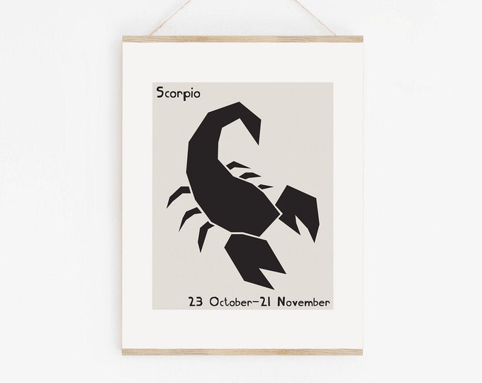 Scorpio Zodiac Art Print, Scorpio Star Sign Birthday Gift, Scorpio Astrology Mid Century Style Wall Art Printable