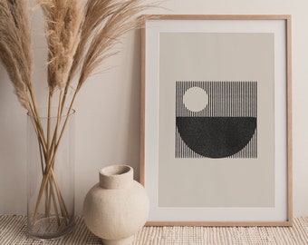 Impresión de arte de pared imprimible de círculos de mediados de siglo estilo xilografía, impresión digital de círculos abstractos, impresión de arte de pared minimalista descarga instantánea