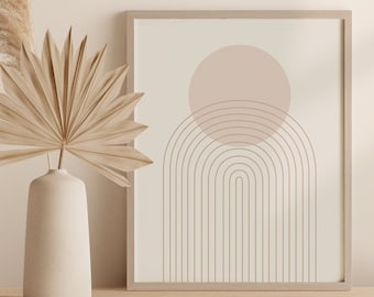 Mid Century Modern Rainbow Art Printable, Neutral Tone Abstract Arch Wall Art, Geometric Digital Poster