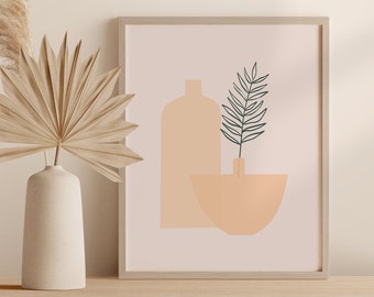 Abstract Vase Print, Boho Minimalist Tropical Plant Wall Art, Palm Leaf Pottery Printable Instant Download