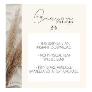 May include: Text overlay on a white background with a decorative line drawing of a rainbow. The text reads "THE Crayon STUDIO" and "THIS LISTING IS AN INSTANT DOWNLOAD - NO PHYSICAL ITEM WILL BE SENT - PRINTS ARE AVAILABLE IMMEDIATELY AFTER PURCHASE".