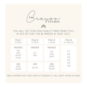 May include: A white sheet of paper with black text outlining the different sizes of printable files available. The text reads "You will get four high quality print-ready files in 300 DPI that can be printed in these sizes." The text is divided into four columns labeled "File 1", "File 2", "File 3", and "File 4". Each column lists the dimensions in inches and centimeters for each file size.