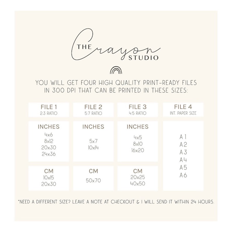 May include: A white sheet of paper with black text outlining the different sizes of printable files available. The text reads "You will get four high quality print-ready files in 300 DPI that can be printed in these sizes." The text is divided into four columns labeled "File 1", "File 2", "File 3", and "File 4". Each column lists the dimensions in inches and centimeters for each file size.