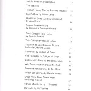May include: A page from a book titled "Contents" with a list of patterns and their contributors. The list includes titles like "Torchon Flower Mat," "Katie's Rose," and "Sunflower." The page is white with black text.
