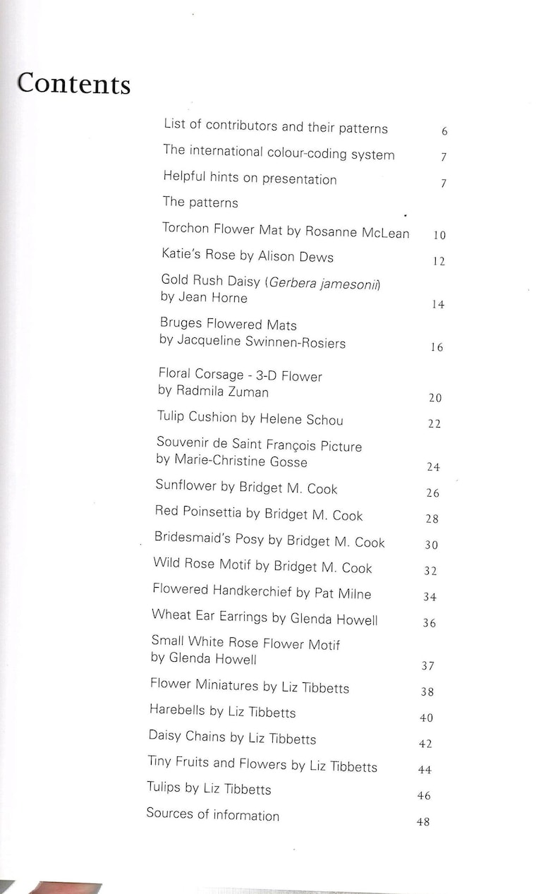 May include: A page from a book titled "Contents" with a list of patterns and their contributors. The list includes titles like "Torchon Flower Mat," "Katie's Rose," and "Sunflower." The page is white with black text.