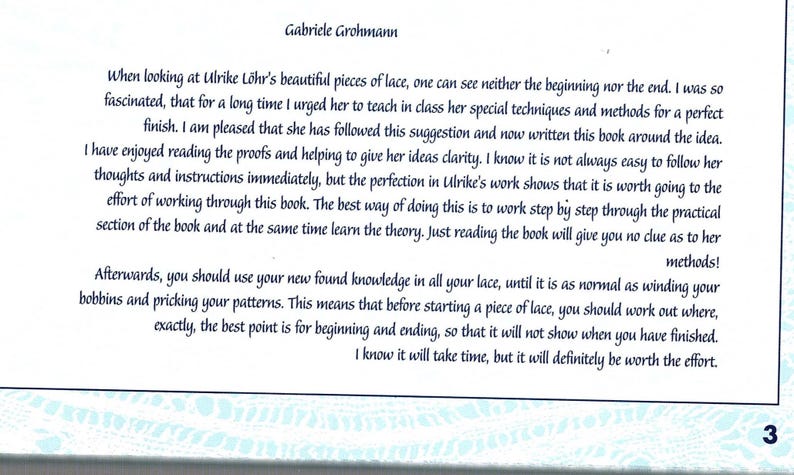 May include: A page from a book about lace making, featuring text by Gabriele Grohmann. The text discusses Ulrike L&ouml;hr's techniques and methods for creating lace. The page has a decorative border and a number 3 in the bottom right corner.