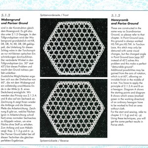 May include: A page from a book on lace making, featuring diagrams of honeycomb and Parise ground patterns. The diagrams show hexagonal shapes with detailed stitch patterns, accompanied by descriptive text in English.