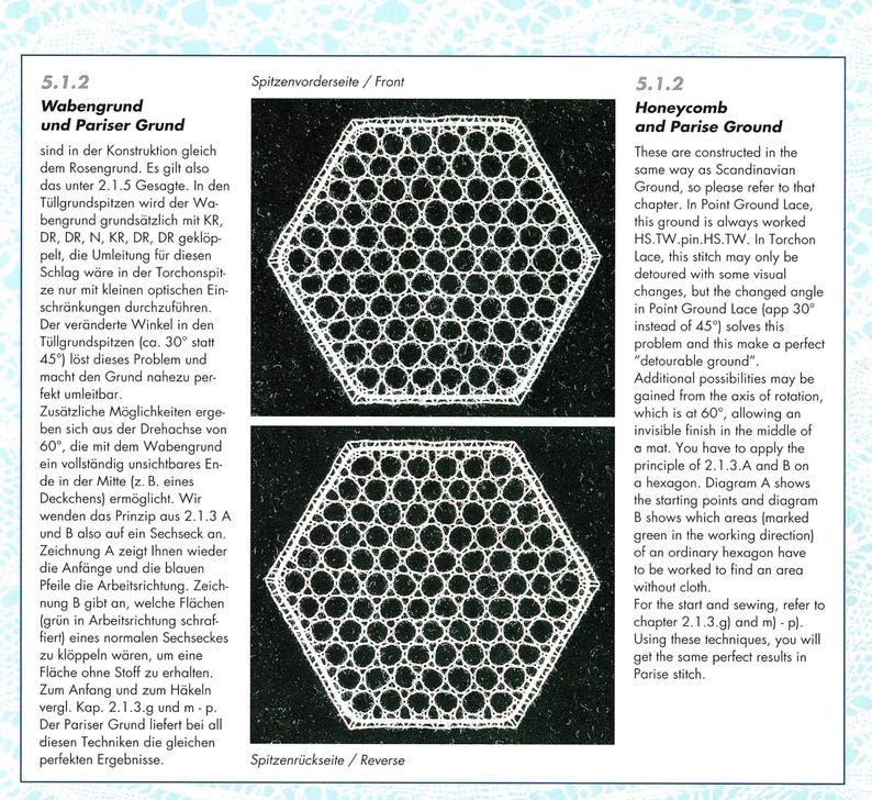 May include: A page from a book on lace making, featuring diagrams of honeycomb and Parise ground patterns. The diagrams show hexagonal shapes with detailed stitch patterns, accompanied by descriptive text in English.