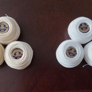 DMC #80 Cordonet 6 strand twisted Cotton Thread 3.80 for 5 gr white & ecru also Metz 80 white 3.00, Vintage DMC 20,50,70 3.90 blue label
