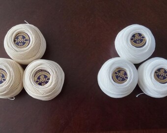 DMC #80 Cordonet 6 strand twisted Cotton Thread 3.60 for 5 gr white & ecru also Metz 80 white 3.00, Vintage DMC 20,50,70 3.90 blue label