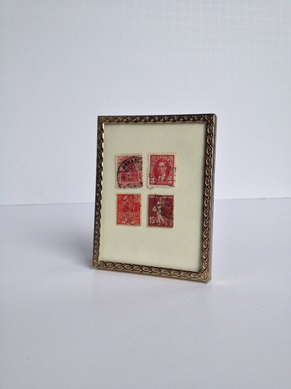 Items similar to Four framed antique stamps Pink and red antique