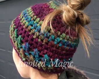 Texturierte Messy Bun Hat Muster, Häkelanleitung PDF, Pferdeschwanz Hat Muster