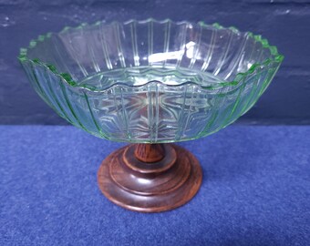 Uranium Glass and Oak Comport Circa 1930's