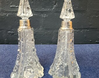 Pair of Edwardian Hobnail Cut, Silver Collared Perfume Bottles