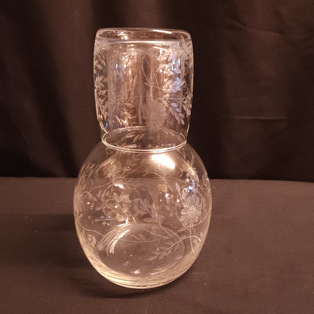 Bedside Carafe Set Etched Glass Carafe With Matching Glass Etsy