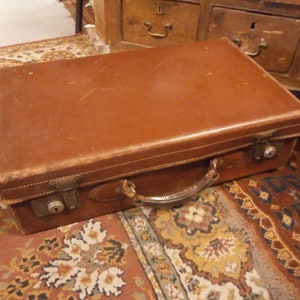 Vintage Tan Leather Suitcase with Original Key