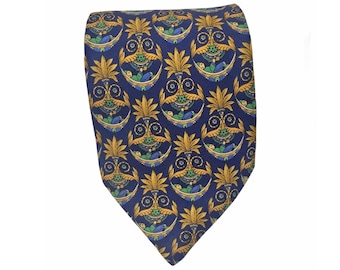 SALVATORE FERRAGAMO TIE Blue Yellow Green Floral Pipe Smoker Print 100% Silk Necktie