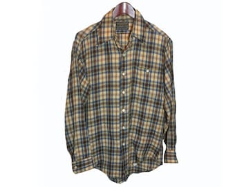 PENDLETON Blue Beige Wool Flannel Shirt Size M || Vintage 70's || Western Country Cowboy || Oxford Button Down || Made in USA