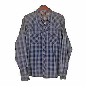 WRANGLER Flannel Blue Brown Western Shirt Men&#39;s Size XL || 2 Flap Pockets Snaps Buttons || Western Cowboy Country