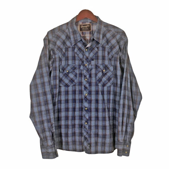 WRANGLER Franela Azul Marron Western Camisa Hombre Talla XL 2 Bolsillos de Solapa Botones Snaps Western Cowboy Country Etsy Espana