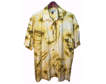 TOMMY BAHAMA Amarillo Seda Verde Camisa Hawaiana Talla L
