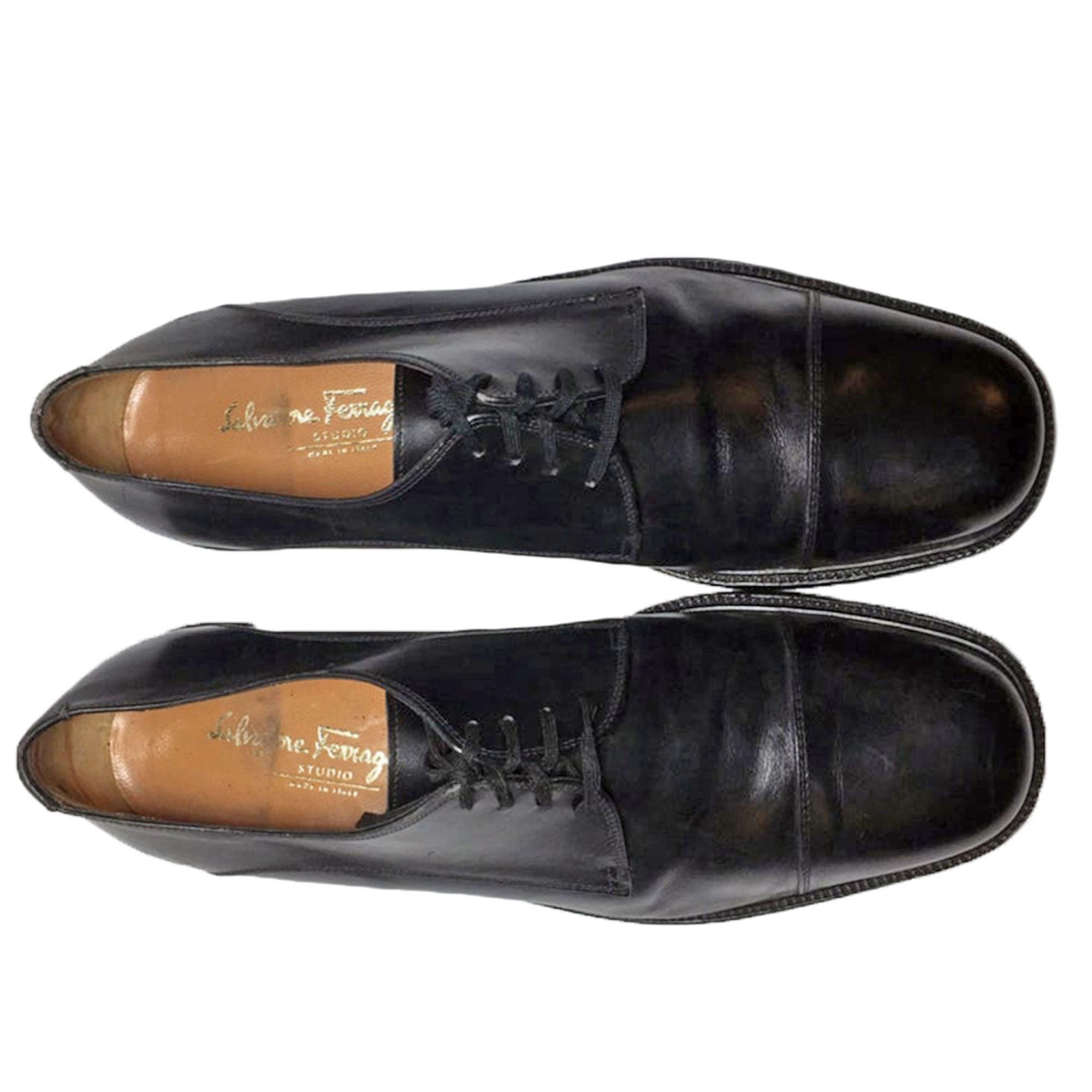 SALVATORE FERRAGAMO BLACK Leather Derby Cape Toe Shoes Men  display picture 1