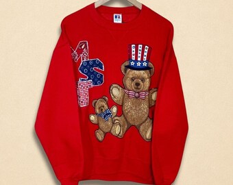 Vintage Patriotic Teddy Bear Red Sweatshirt Size L