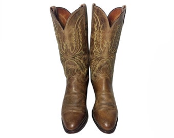 LUCCHESE 1883 BROWN LEATHER Cowboy Boots Men's Size 8.5 E.E. || Western Country Vintage || Made in U.S.A.