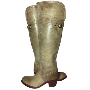 FRYE 77594 JANE TALL Cuff Green Leather Motorcycle Boots Women&#39;s Size 6 || Country Khaki Tall Boots || Riding