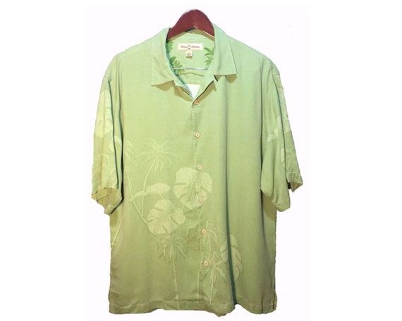 TOMMY BAHAMA Green Floral Silk Hawaiian Shirt Men's Size L 