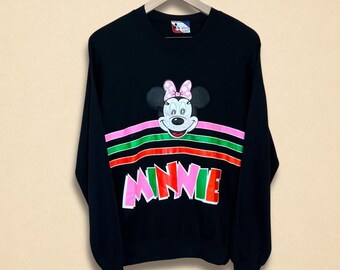 Vintage 90s Minnie Mouse Neon Stripe Black Sweatshirt Size L