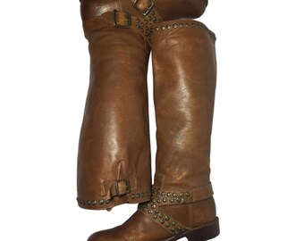 FRYE 76415 JENNA STUDDED Buckle Brown Leather Motorcycle Boots