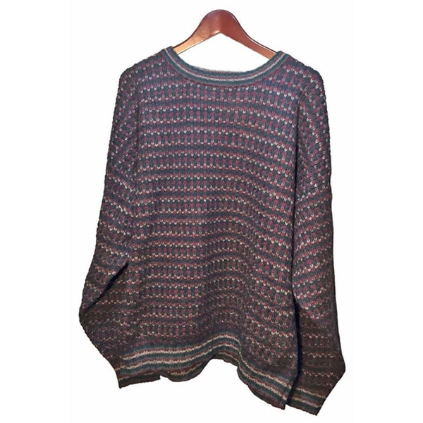 EDDIE BAUER Purple & Blue Wool Crewneck Sweater Men Size XL || Geometric Warm Winter Pullover Knit || Boho Hippie Vintage 80s