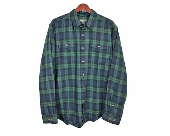 EDDIE BAUER Camisa Verde Negro Franela A cuadros Talla XL // Country Cowboy  Western // Button Down Oxford -  México