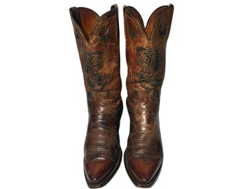 LUCCHESE BROWN LEATHER Cowboy Boots Men's Size 9 E.E. || Riding Biker || Country Western Vintage || Made in U.S.A.