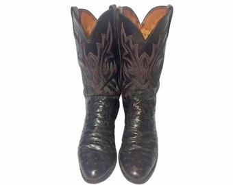 LUCCHESE CHERRY BURGUNDY Ostrich Cowboy Boots Men's Size 9.5 D || Country Western || Biker Riding || Made In U.S.A.