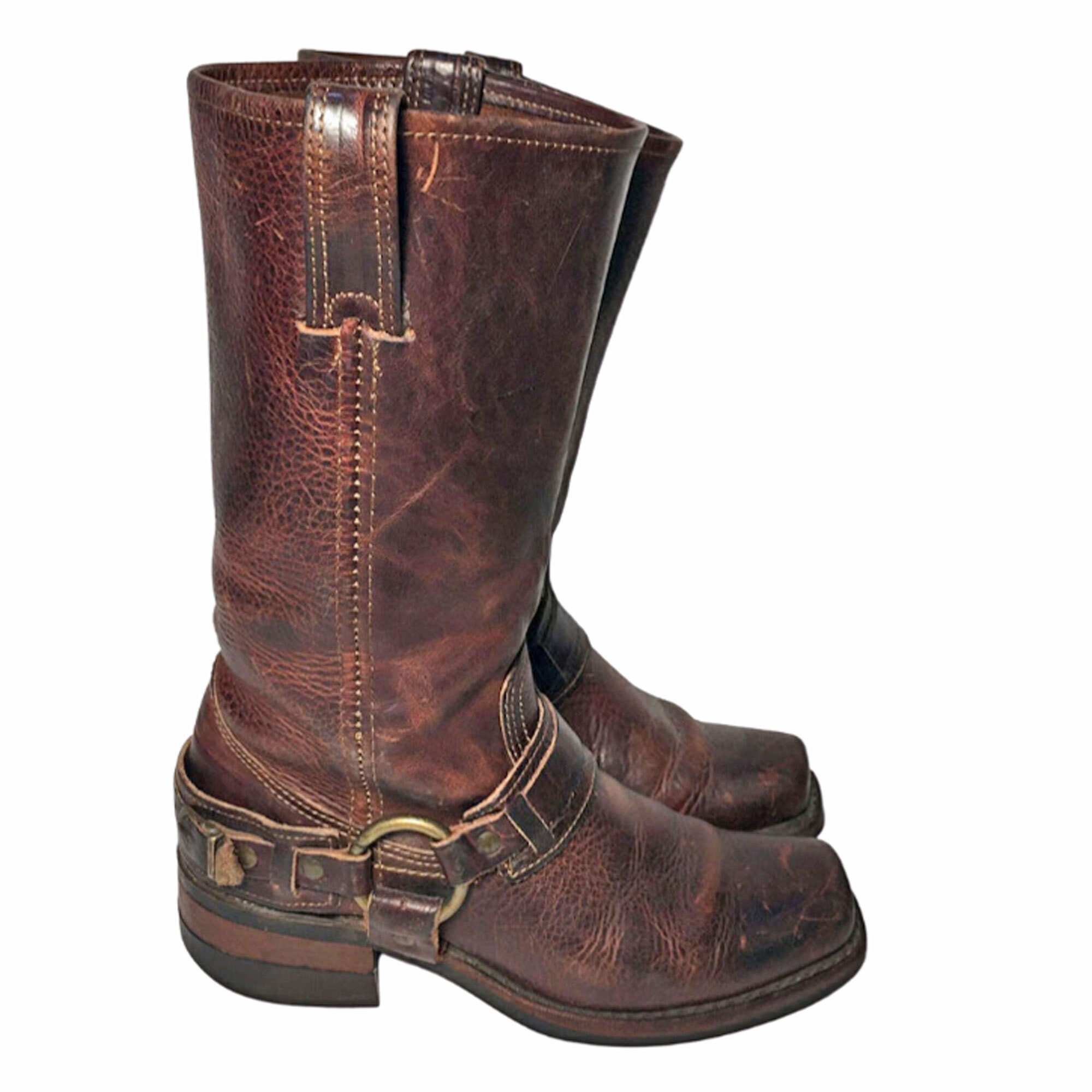 FRYE BELTED HARNESS Brown Leather Motorcycle Boots Women's Etsy