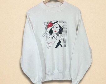 Vintage Fashion Illustration White Graphic Sweatshirt Size XL