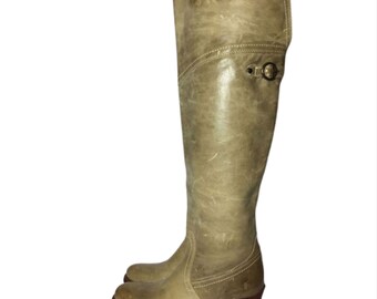 FRYE 77594 JANE TALL Cuff Green Leather Motorcycle Boots Women s Size 6 Country Khaki Tall Boots Riding Etsy