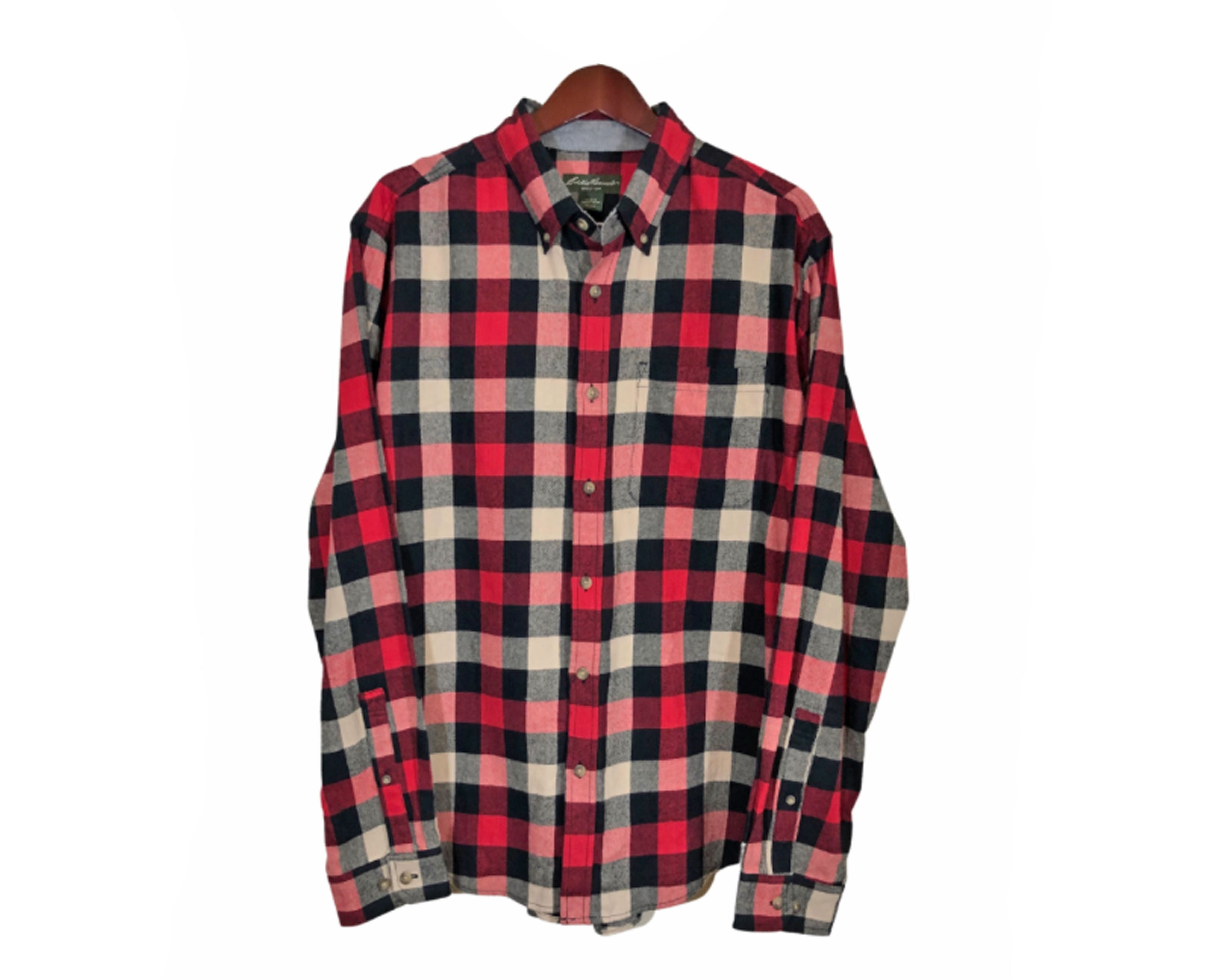 EDDIE BAUER Red Black Gray Flannel Plaid Shirt Men's Size XL