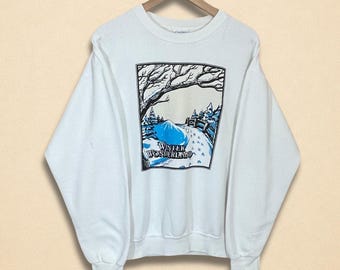 Vintage Winter Wonderland White Snow Graphic Sweatshirt Size L