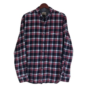 LL BEAN Blue Red White Plaid Flannel Shirt Men&#39;s Size L || Tartan Cowboy Western || Button Down Oxford Check || Long Sleeve Cotton