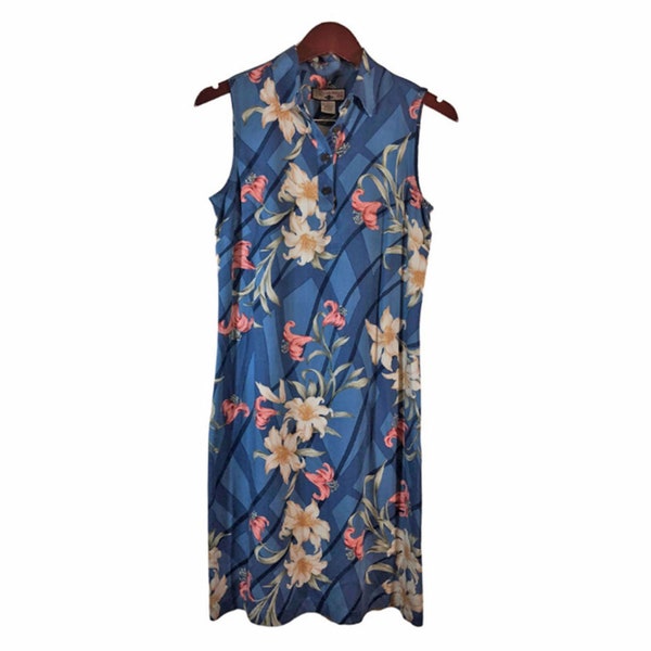 CARIBBEAN JOE Blue Floral Print Ärmelloses Hawaiikleid Gr. S || Rosa Weiße Blume Aloha Kleid