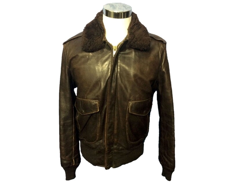 Size 42 Men Schott G 1 Er Jacket Brown Leather Removable Pile Lining Collar Flight Aviator Motorcycle Riding Biker A