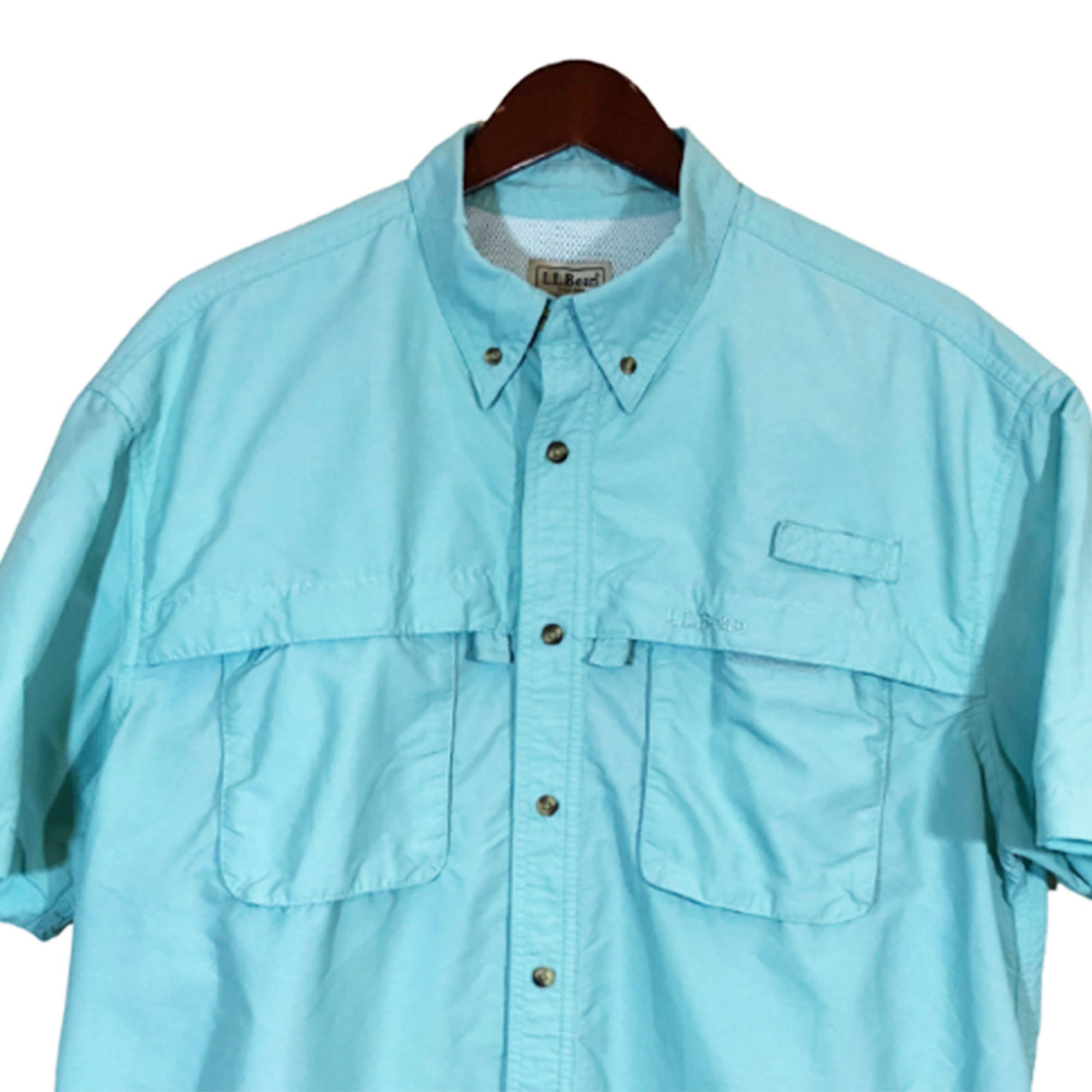 LL Bean Blue Turquoise 2 Pockets Fishing Shirt Men's Size L