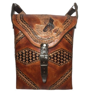 VINTAGE BROWN LEATHER Crossbody Navajo Wool Bag || Country Western Hippie Boho Made in U.S.A.