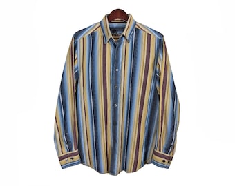 Koszula TOMMY BAHAMA w paski w kolorze niebieskim, brązowym i beżowym, rozmiar M || Zapinana na guziki, Oxford || Długi rękaw, bawełna