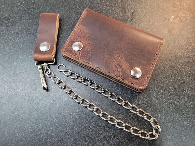 Brown biker wallet, chain wallet, mens leather wallet, small biker wallet, snap wallet, leather wallet, card wallet, bifold, Made in USA image 2