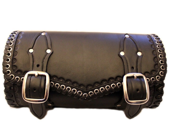Leather Motorcycle Tool Bag, Black Leather Toolbag, Hand Tooled Leather