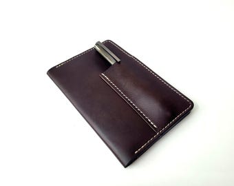Full Grain Leather Field Notes Cover: Handmade Pocket Journal with Pen Holder